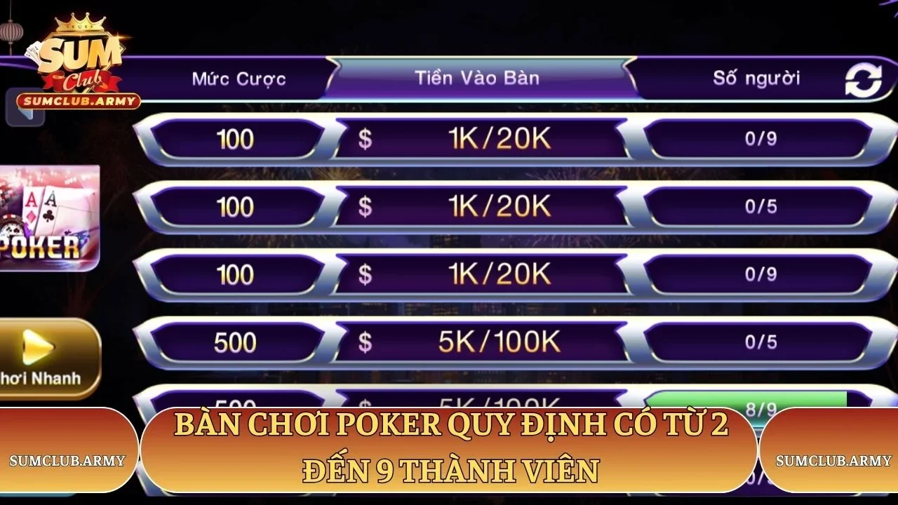 Bàn chơi poker Sumclub quy định có từ 2 đến 9 thành viên Sumclub